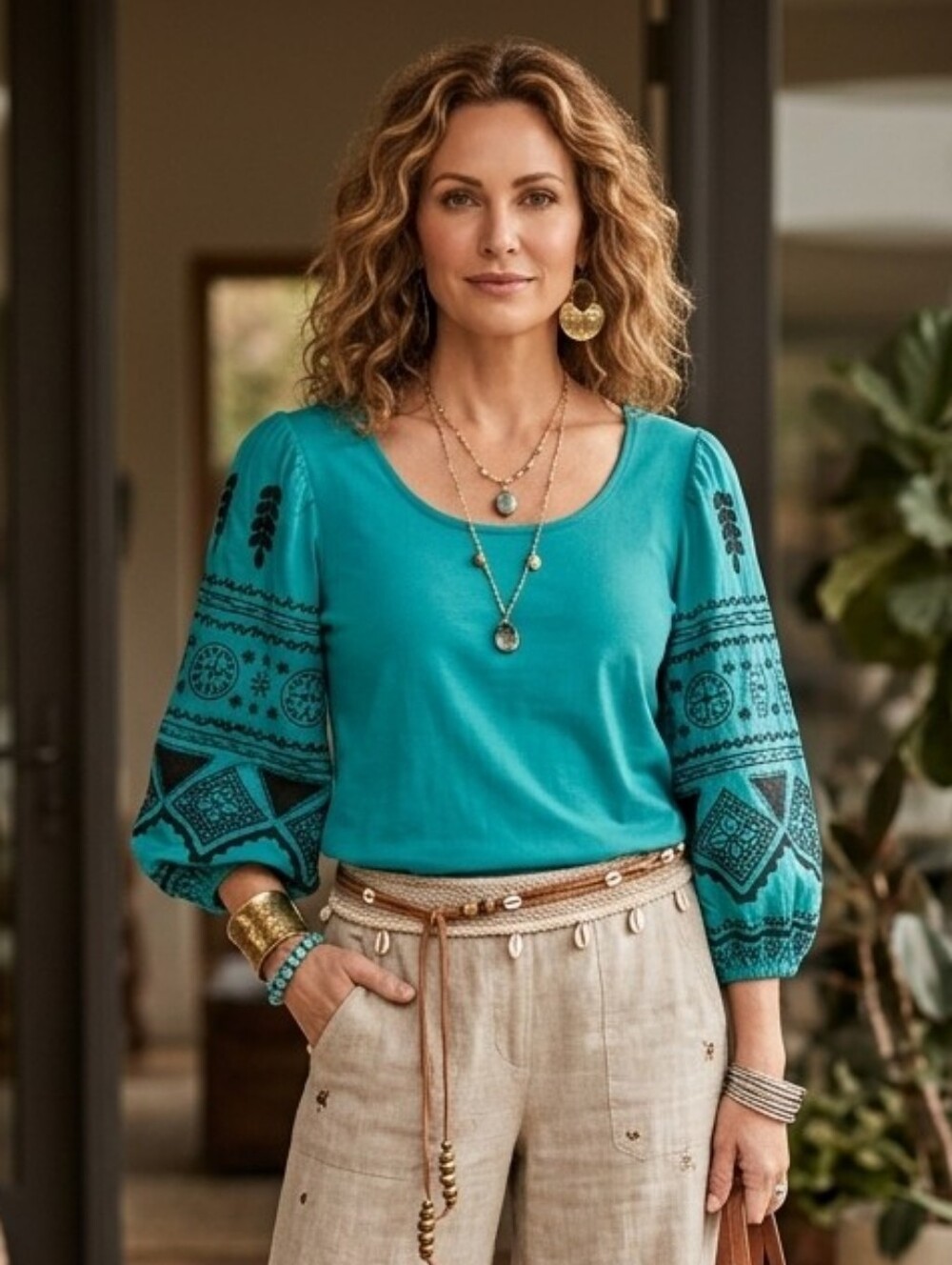 NWT Chico's L Contemporary Bohemian Peasant Western Embroidered Scoop Neck Top